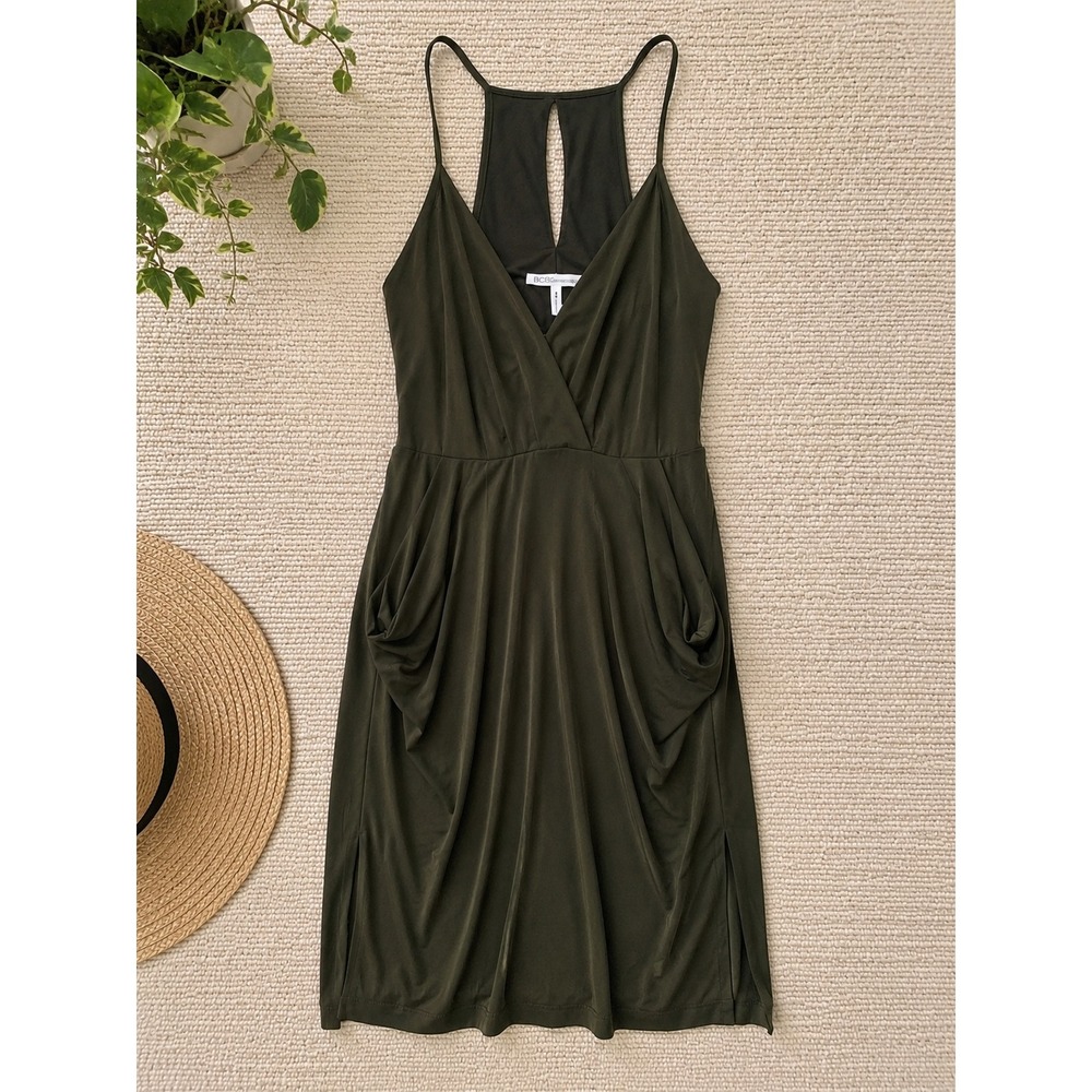 BCBGeneration Olive Green Racerback Wrap Dress with Pockets Size M